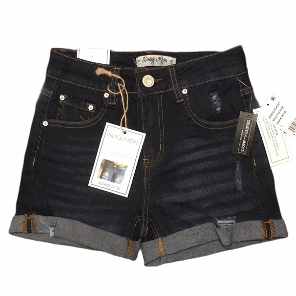 Indigo Rein Jean Denim Shorts High Rise Sz 23 0 Cuffed Dark Wash Blue Stretch - Picture 1 of 8